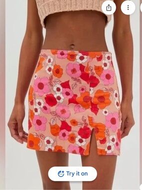Urban Outfitters Pink & Orange Floral Mini Skirt with Front Slit
